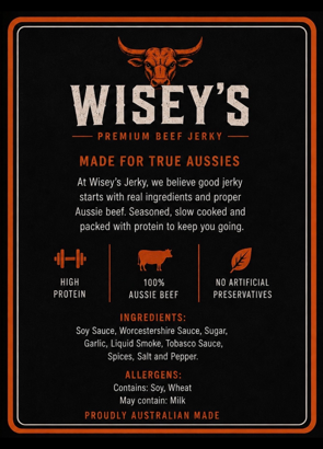 Wisey's beef jerky back label showing ingredients and allergen information