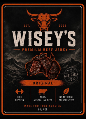 Wisey's Jerky — premium Australian beef jerky label, Original flavour, 80g resealable pouch